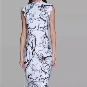 🖤NWT KARL LAGERFELD PARIS White and Black Paris Graphic Scubba Midi Dress Size8